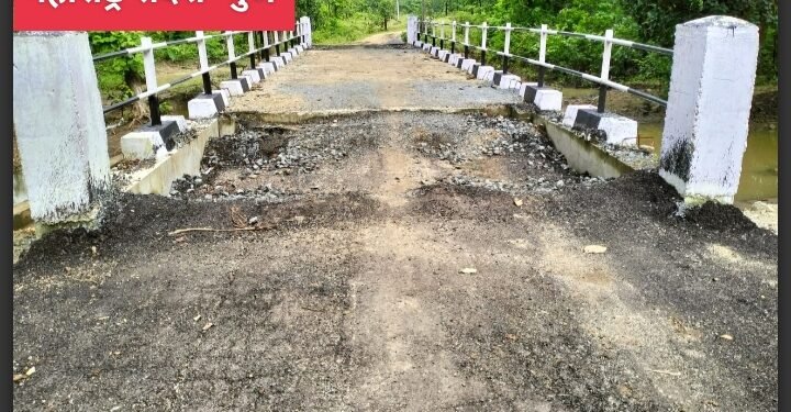 राजाराम ते मरनेली मार्गवरील बनलेल्या पुलात झाला भष्ट्राचार, अवघ्या पाच सहा महिन्यातच पुलावर पडले खड्डे.