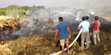 धांनाचा ढिगाराला लागली आग, आगीत धान थ्रेशर सहीत ट्रॅक्टर जळून खाक, धाबा येथील घटना शेतकर्यांचे लखोचे नुकसान.