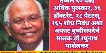 तब्बल ६० पेक्षा अधिक पुरस्कार, ३९ डाॅक्टरेट, २८ पेटंटस्, २६५ शोध निबंध अशा अफाट बुध्दीसंपदेचे मालक डॉ.रघुनाथ माशेलकर
