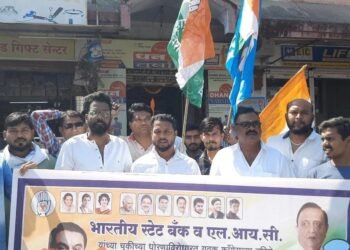 युवक कांग्रेस व एन.एस.यु.आई तर्फे बल्लारपुर SBI आणि LIC  कार्यालया समोर आंदोलन.