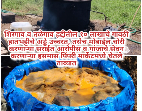 शिरगाव व तळेगाव हद्दीतील १० लाखाचे गावठी हातभट्टीचे अड्डे उच्चरत, तसेच मोबाईल चोरी करणाऱ्या सराईत आरोपीस व गांजाचे सेवन करणाऱ्या इसमास पिंपरी मार्केटमध्ये घेतले ताब्यात