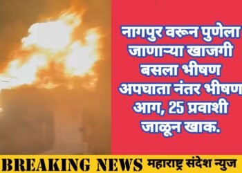 नागपुर वरून पुणेला जाणाऱ्या खाजगी बसला भीषण अपघाता नंतर भीषण आग, 25 प्रवाशी जाळून खाक. व्हिडिओ आला समोर.