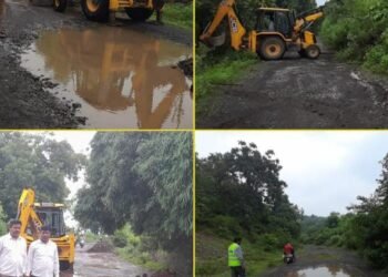 राजुरा तालुक्यातील नोकारी खुर्द गावातील प्रमुख रस्त्याची लोकसहभागातून दुरुस्ती.
