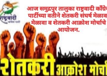 आज समुद्रपुर तालुका राष्ट्रवादी काँग्रेस पार्टीच्या वतीने शेतकरी संघर्ष मेळावा मेळावा व शेतकरी आक्रोश मोर्चाचे आयोजन.