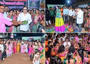 आलापल्ली येथील सर्वात मोठ्या बतकम्मा मंडळाला भेट देत माजी पालकमंत्री राजे अम्ब्रिशराव आत्राम यांनी केले पूजन.