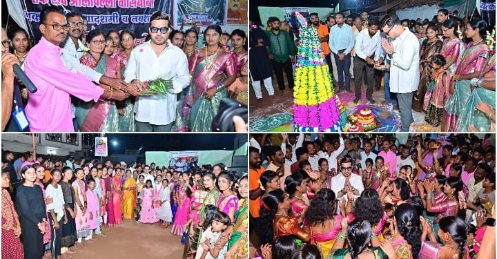 आलापल्ली येथील सर्वात मोठ्या बतकम्मा मंडळाला भेट देत माजी पालकमंत्री राजे अम्ब्रिशराव आत्राम यांनी केले पूजन.