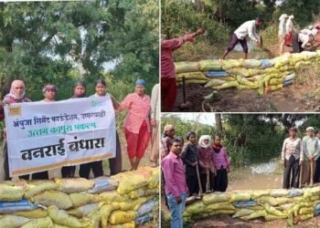 कोरपना तालुक्यातील गट ग्रामपंचायत निमणी-हिरापूर येथे मग्रारोह योजना अंतर्गत काम करणाऱ्या मजुरांनी बांधला श्रमदानातून वनराई बंधारा.
