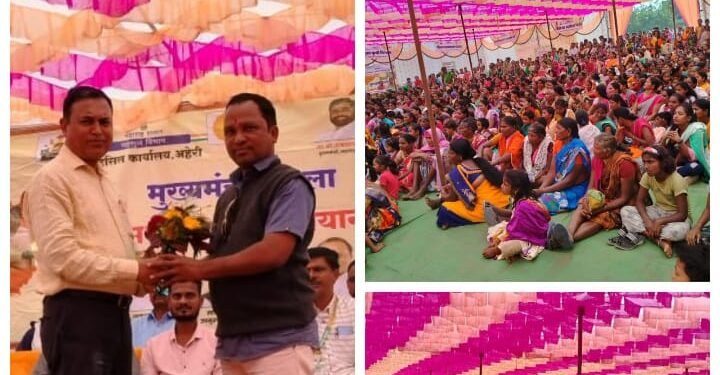 सामाजिक कार्यकर्ते संतोष ताटीकोंडावार अहेरीचे तहसीलदार सुनील सौदांने यांनी श्रीफळ, पुष्पगुच्छ देऊन स्वागत.