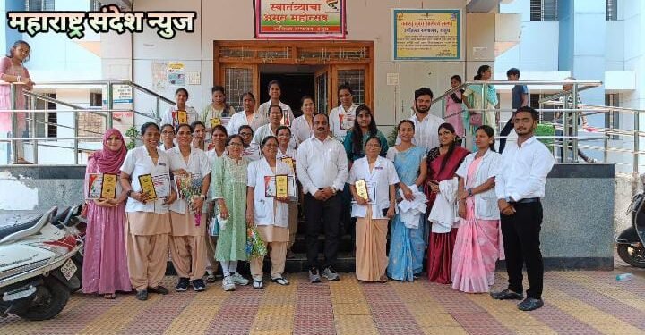 कल्याण कॉलेज आँफ नर्सिंगच्या वतीने उपजिल्हा रुग्णालय राजुरा येथील परिचारिकांचा सत्कार.