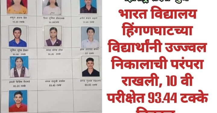 भारत विद्यालय हिंगणघाटच्या विद्यार्थांनी उज्ज्वल निकालाची परंपरा राखली, 10 वी परीक्षेत 93.44 टक्के निकाल.