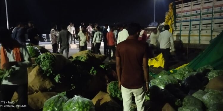 अकोल्यातील रिधोरा पुलाजवळ भाज्यांनी भरलेली महिंद्रा पिकअप उलटली.