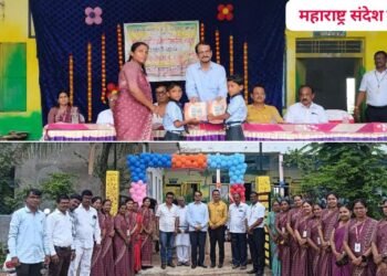 आदर्श शाळेत नवागतांचे स्वागत, रौप्य महोत्सव लोगो अनावरण सोहळा संपन्न.