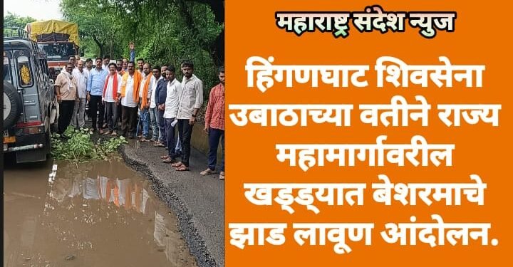 हिंगणघाट शिवसेना उबाठाच्या वतीने राज्य महामार्गावरील खड्ड्यात बेशरमाचे झाड लावूण आंदोलन.