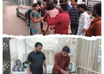 तुमनूर येथे महामार्गांवर दुचाकी अपघातात पती/पत्नीसह दोन चिमुकल्या गंभीर जखमी.