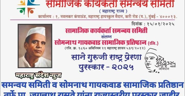 सामाजिक कार्यकर्ता समन्वय समिती व सोमनाथ गायकवाड सामाजिक प्रतिष्ठान तर्फे प्रा. जगन्नाथ रासवे यांना राज्यस्तरीय पुरस्कार जाहीर.