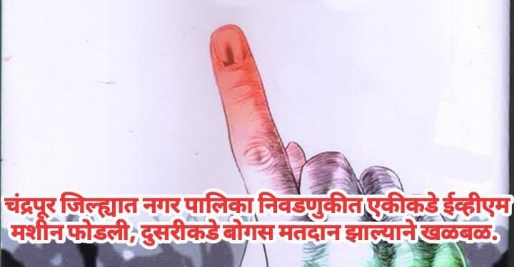 चंद्रपूर जिल्ह्यात नगर पालिका निवडणुकीत एकीकडे ईव्हीएम मशीन फोडली, दुसरीकडे बोगस मतदान झाल्याने खळबळ.