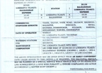 आमदार श्री सुधीरभाऊ  मुनगंटीवार यांच्या प्रयत्नांना यश – लोकमान्य टिळक (T) – बल्लारशाह एक्सप्रेस सुरू.